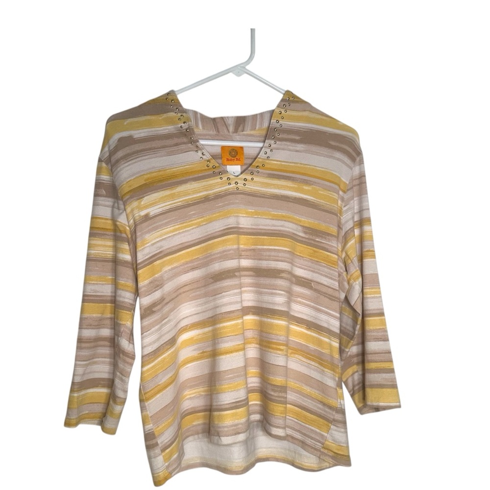 Ruby Rd Tan Yellow and White 3/4 Sleeve Blouse size L